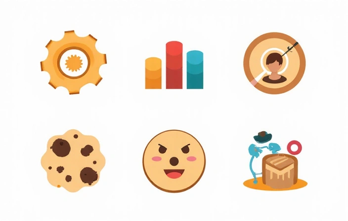 Variedad de iconos de cookies que representan diferentes tipos de uso