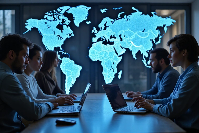 Diversas personas interactuando con dispositivos digitales, enfatizando la conectividad global y la necesidad de proteger la privacidad en línea.