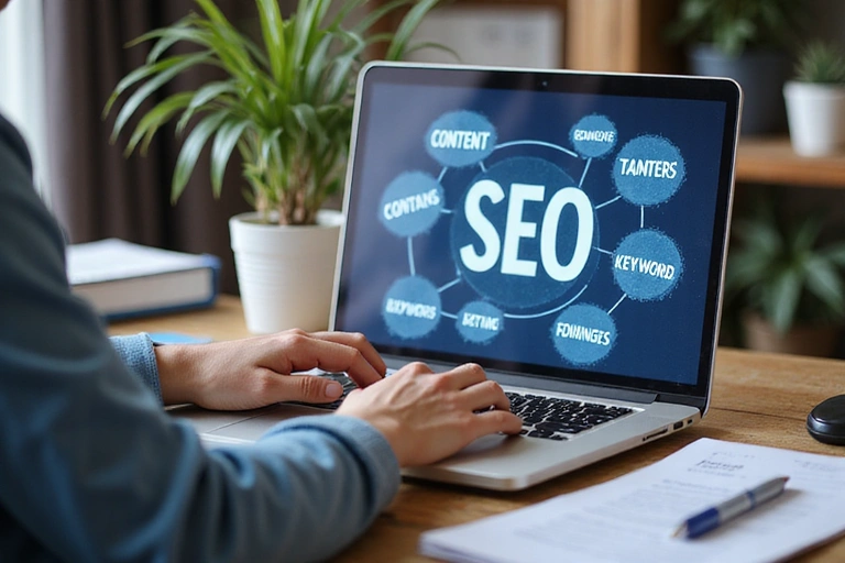 Persona escribiendo contenido SEO optimizado en una laptop